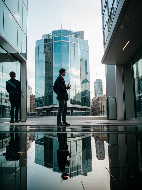 reflection of a man in the glass of a building