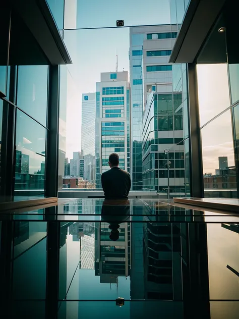 reflection of a man in the glass of a building