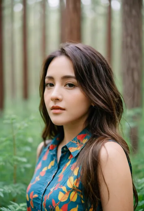 Keep your arms at your sides, portrait, close up, Looking at the camera, best quality, Upper Body, shirt, Woman in the forest, Erica Campbell, Nikon d850 film stock photos 4 Kodak 400 camera f1.6 lenses，colorful，Ultra-realistic，The texture is natural，light...