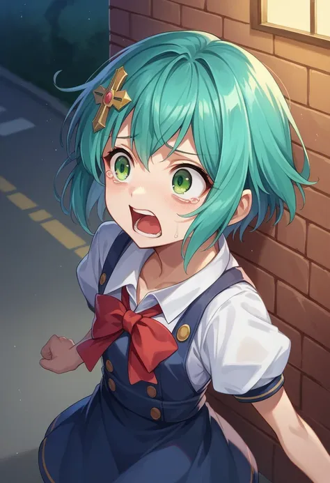 Super detailed,masterpiece,Highest quality,One girl,FI1 Nagisa High,dark,night,run away,Upper Body,close,street,From above, Scared,shout,One girl,Aqua Hair,short hair,Green Eyes,hair ornaments, Seraphim, Pleats_skirt,