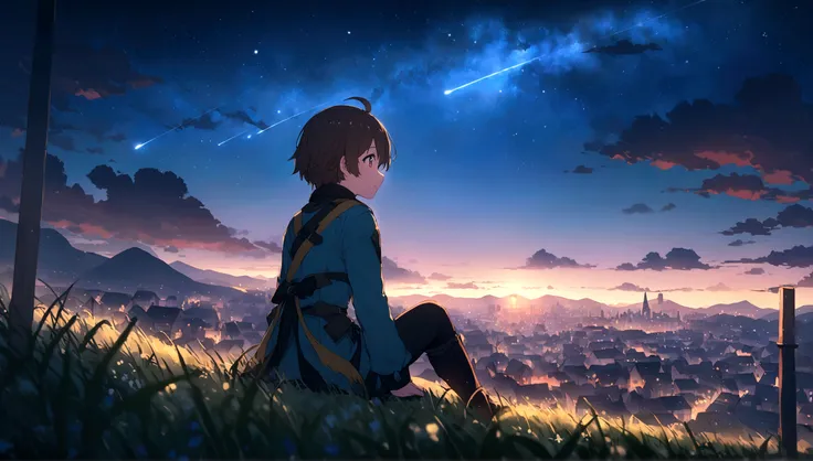 Super detailed、nostalgic appeal、City of night、The sky is wonderful、meteor、3 year old little boy sitting on top of a building、Brown Hair、Back view、The city is bright with streetlights、Landscape Main、Highest quality、Anime Scenery、Xin Haichen、building、Field、M...