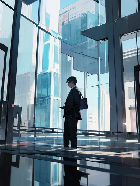 reflection of a man in the glass of a building