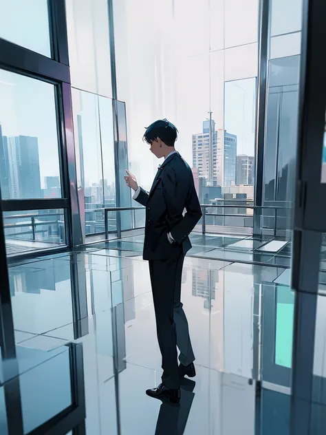 reflection of a man in the glass of a building