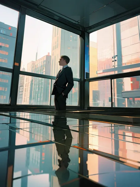 reflection of a man in the glass of a building