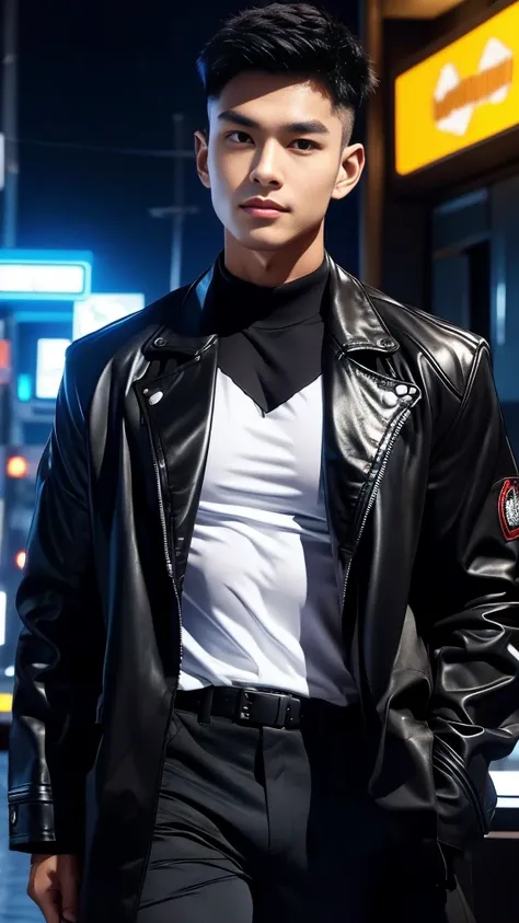 Werewolf, Thai BL actor, 18 years old, very handsome., My hair is very short and has an undercut., black jacket, Futuristic neon cyberpunk city