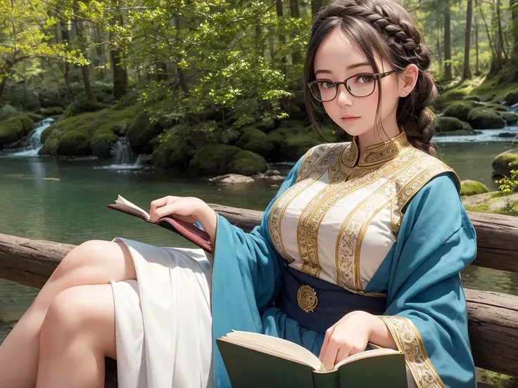 Cute girl sitting on rock 、Beautiful forest, high mountains of the Alps, one bird 、Cute girl, detailed beautiful eyes, braids, realistic, masterpiece, cinematic, Gorgeous ethnic clothing, Wearing gorgeous traditional clothing and glasses, reading an old bo...