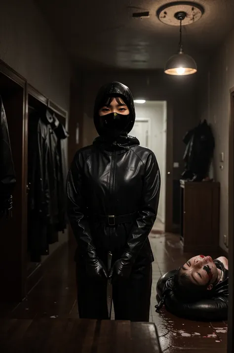 korean girl, (behind corpse, surgical mask), multiple girls, holding knife, stabbing, black raincoat, leather gloves, hood up, room full of blood, black wet suit, holding knife, leather gloves, behind corpse, blood splatter, short hair, night, mass murdere...