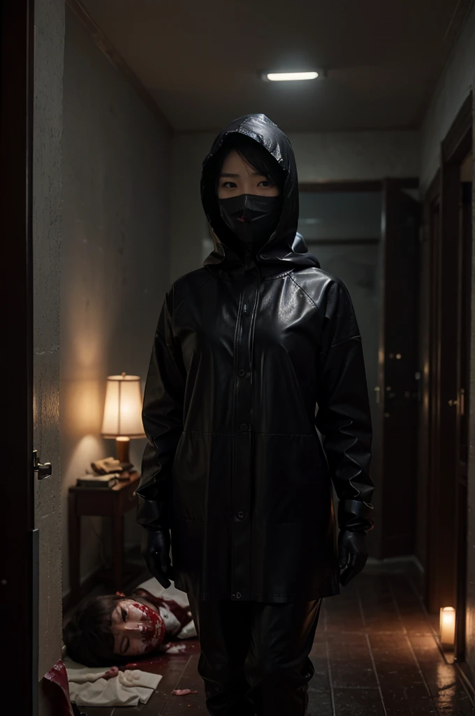 korean girl, (behind corpse, surgical mask), multiple girls, holding knife, stabbing, black raincoat, leather gloves, hood up, room full of blood, black wet suit, holding knife, leather gloves, behind corpse, blood splatter, short hair, night, mass murdere...