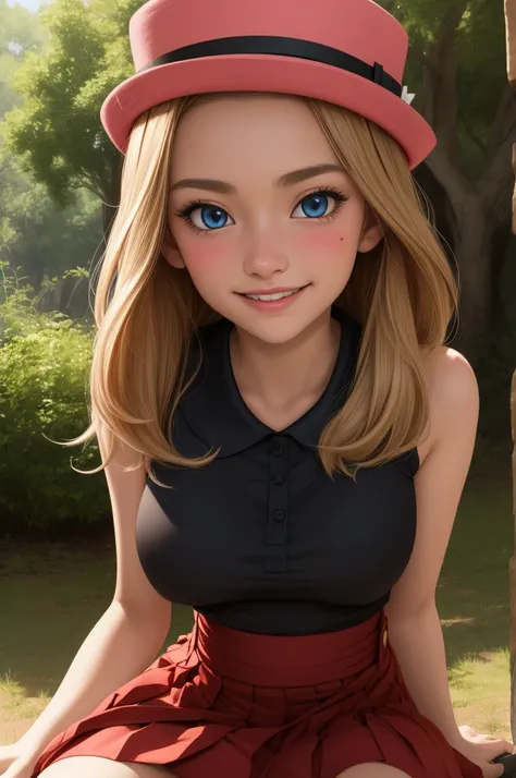 pkmnserena, 1girl, solo, blue eyes, blonde hair, long hair, low-tied long hair, hat, pink headwear,
black shirt, collared shirt, sleeveless, red skirt, high-waist skirt, pleated skirt, black thighhighs,
smile,closed mouth,sitting,
forest,outdoor,
(insanely...