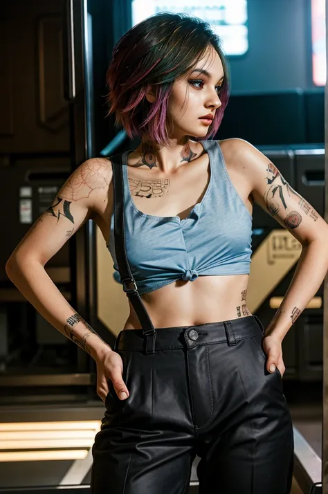 (Multiple angles))A stunning full color intricate portrait in Ultra-HD, a 24 year old girl, detailed face, ((ultra detailed, masterpiece, best quality)), short multicolored hair, brown eyes, makeup, tattoos, tank top, black pants, full body, epic character...