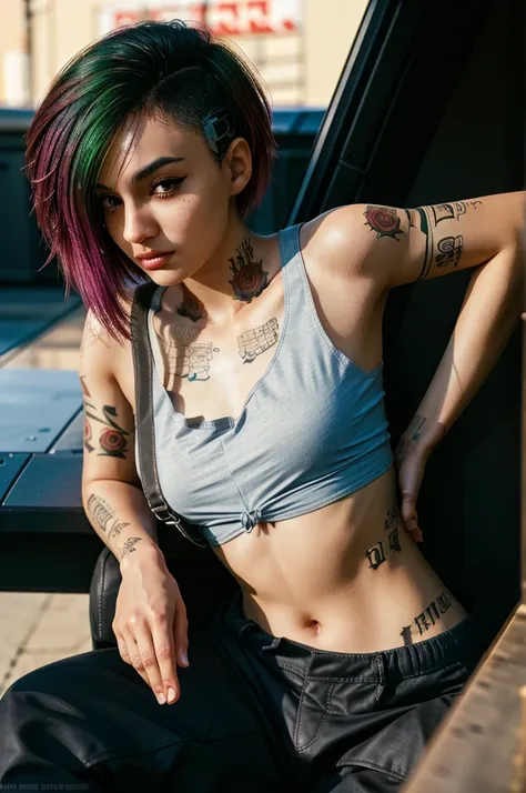 (Multiple angles))A stunning full color intricate portrait in Ultra-HD, a 24 year old girl, detailed face, ((ultra detailed, masterpiece, best quality)), short multicolored hair, brown eyes, makeup, tattoos, tank top, black pants, full body, epic character...