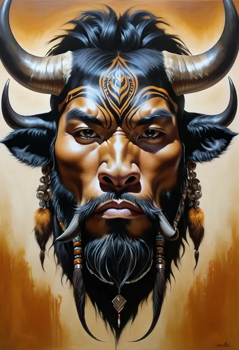 Half man half asian black bull, tribal, Frozen Empire, caramel, beard, horns, skulls, realistic oil painting