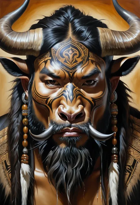 Half man half asian black bull, tribal, Frozen Empire, caramel, beard, horns, skulls, realistic oil painting