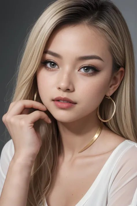 A young 19-year-old woman named Lila Nakamura with a mixed Japanese and Northern European heritage. She has thick dark black eyeliner, glossy lips, and a neutral to slight smile expression. She has straight, blonde hair that falls just past her shoulders, ...