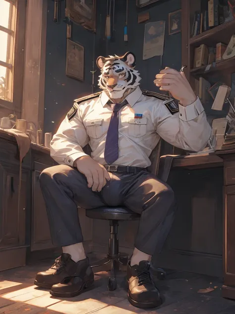 {{bara extremely handsome white tiger,}} {{white fur,}} white, wearing military like purple trench coat, purple trousers, white dress shirt and necktie, white fluffy furry body and limbs, loafers, very tall, very broad shoulders, narrow waist, muscular arm...