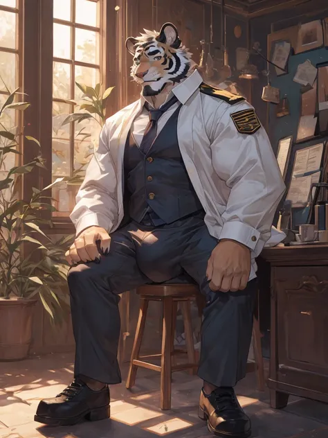 {{bara extremely handsome white tiger,}} {{white fur,}} white, wearing military like purple trench coat, purple trousers, white dress shirt and necktie, white fluffy furry body and limbs, loafers, very tall, very broad shoulders, narrow waist, muscular arm...