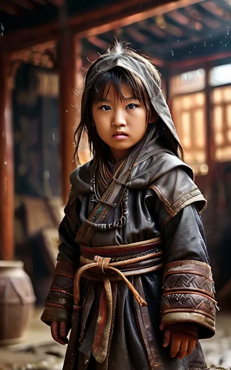 little genghis khan , facing harsh weather and difficult living conditions in the steppes, background cinematic, hyper realistic...