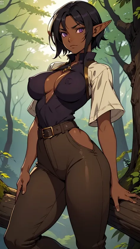 Solo, female, (dark skin), black hair, purple eyes, big breasts, tan tunic, forest, elf earowl cut), modest clothing, tight brown pants, deadpan expression, looking at viewer, breasts,nsfw,revealing hip,exposed hip pants