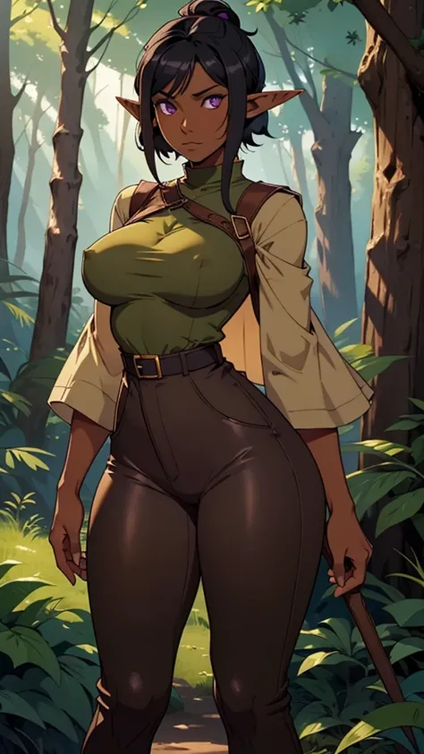 Solo, female, (dark skin), black hair, purple eyes, big breasts, tan tunic, forest, elf earowl cut), modest clothing, tight brown pants, deadpan expression, looking at viewer, breasts,nsfw,revealing hip,exposed hip pants