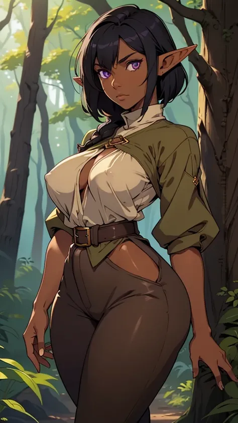 Solo, female, (dark skin), black hair, purple eyes, big breasts, tan tunic, forest, elf earowl cut), modest clothing, tight brown pants, deadpan expression, looking at viewer, breasts,nsfw,revealing hip,exposed hip pants