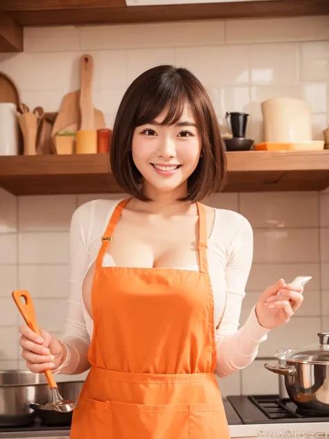 Gentle and virtuous China、Japanese Beauty，short hair、Wearing an orange apron in the kitchen，Hold a spatula，Charming smile、Big breasts、Double eyelids，Focus、High Definition