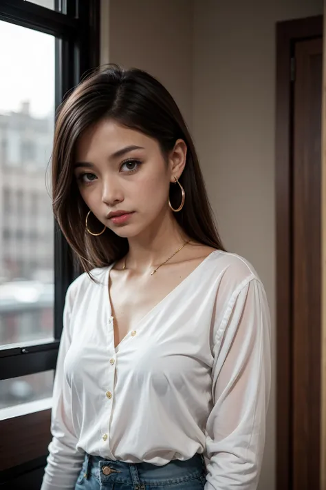 A young 19-year-old woman named Lila Nakamura with a mixed Japanese and Northern European heritage. She has thick dark black eyeliner, glossy lips, and a cute, endearing expression. She has straight, black hair with blonde highlights or a blonde tint that ...