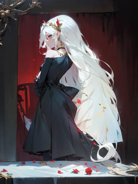 Add in roses to her dress, a good back dress design with some golden jewelry, make her dress into a red and white gown with a hat, give her some unique Jewelry, and make her look somewhat of a demonic angel like appearance to her