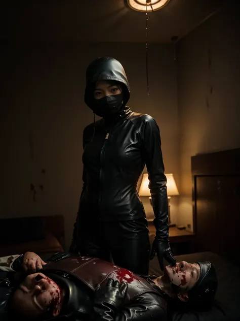 korean girl, (behind corpse, blood splatter), surgical mask, holding knife, stabbing, black raincoat, leather gloves, trucker hat, room full of blood, black wet suit, short hair, holding knife, leather gloves, behind corpse, night, mass murderer, robbery, ...