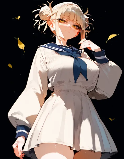 anime artwork, score_9, score_8_up, score_7_up, score_6_up, score_5_up, score_4_up, floox style    //////Himiko toga, big breasts, she is 24 years old, style_3, yellow eyes, black background, dress