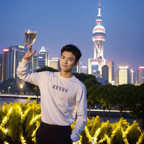 Masterpiece, best quality, height, Ultra high resolution,TRUE, photoTRUEistic,young man,handsome face,evening,natural light,look at viewer,outdoor,full body,smile,round face,short hair,Eye details,Shanghai city road,night scenery