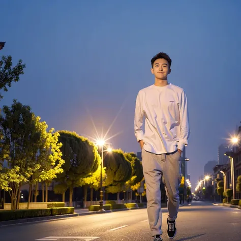 Masterpiece, best quality, height, Ultra high resolution,TRUE, photoTRUEistic,young man,handsome face,evening,natural light,look at viewer,outdoor,full body,smile,round face,short hair,Eye details,Shanghai city road,night scenery