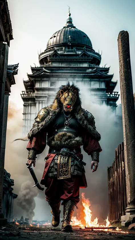 blood girl, and a huge fire lion, made of smoke, wearing a warrior outfit complete with armor hovering around the ruins of an an...