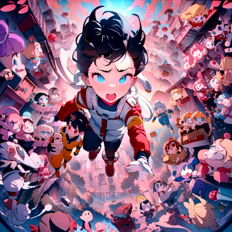 (Astro boy)、Pluto、Netflix Anime、１１Year old boy、（fly in the sky）、anger、Grit your teeth、Hold your breath、upset、evil、Disgust、excited、Light blue eyes、Red eyes、Surrealism、Anaglyph、Subjective、Atmospheric Perspective、realism、Motion Blur、reflected light、Backlight、...