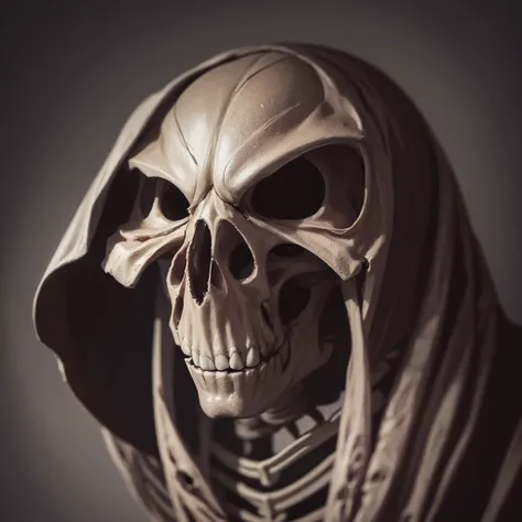 A skeleton peeking out from the dark world. The skeleton has a tattered cloth covering its head. To make it even darker and creepier, the skeleton has a faintly glowing orb.