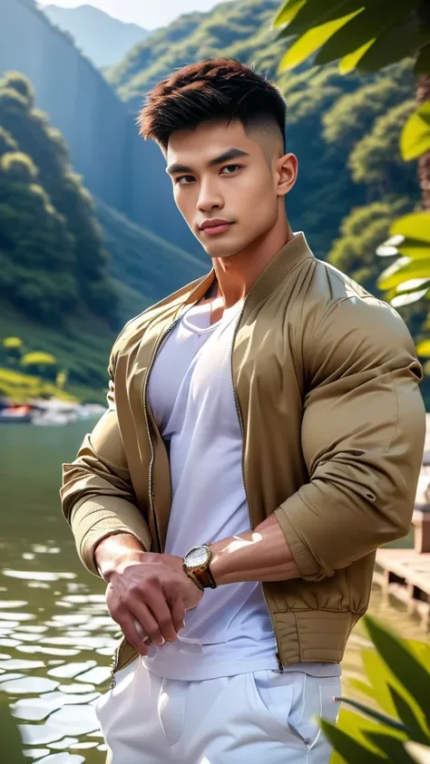 ((Highest quality, 8K, Masterpiece:1.3)),Thailand Laos Burma Asia,Thai man buzz haircut,A handsome Asian sport  short hair,a muscular beard,and big muscles.,１A man who has,yo,Good appearance,Beautiful nose,Detailed eyes and face,beautiful light,(studio),hi...