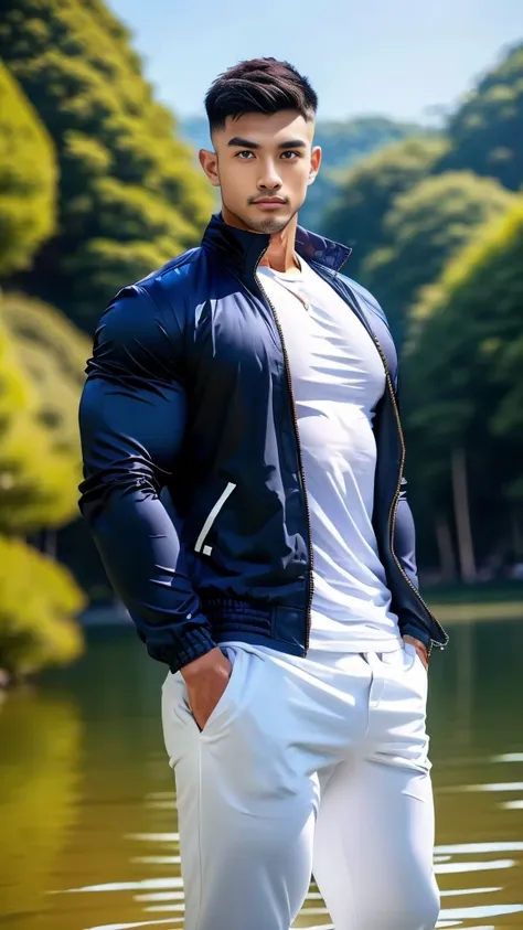 ((Highest quality, 8K, Masterpiece:1.3)),Thailand Laos Burma Asia,Thai man buzz haircut,A handsome Asian sport  short hair,a muscular beard,and big muscles.,１A man who has,yo,Good appearance,Beautiful nose,Detailed eyes and face,beautiful light,(studio),hi...