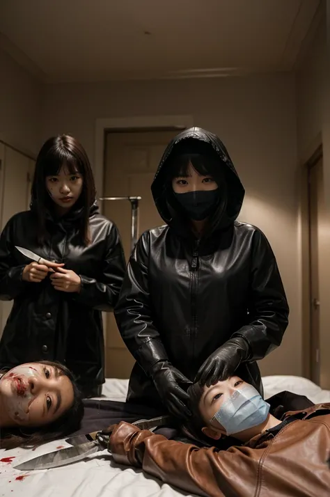 korean girl, (multiple girls, surgical mask), holding knife, stabbing, leather gloves, black raincoat, room full of blood, hood up, holding knife, leather gloves, behind corpse, blood splatter, long bangs, night, mass murderer, robbery, in the house,