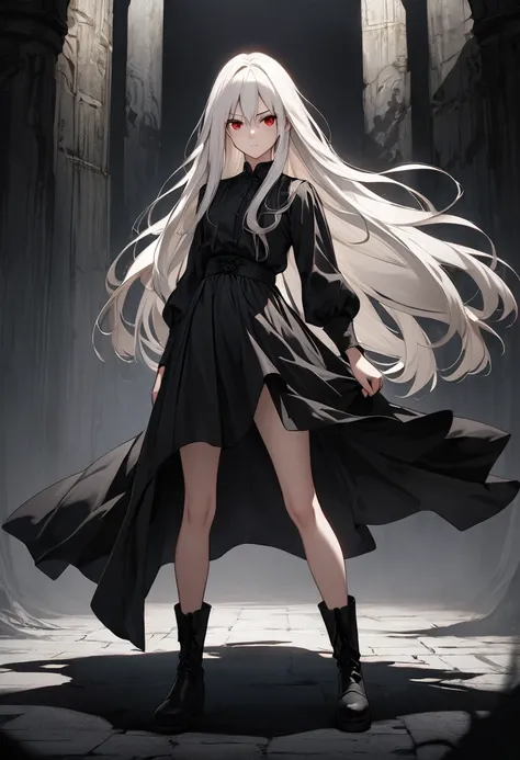 Girl, 20 years old, with long white hair down to below her waist, a serious yet tender expression, and red eyes. Her hair features black streaks. She wears antique-style clothing, a long black dress with a slit on the legs, and high black boots that almost...