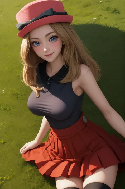 pkmnserena, 1girl, solo, blue eyes, blonde hair, long hair, low-tied long hair, hat, pink headwear,
black shirt, collared shirt, sleeveless, red skirt, high-waist skirt, pleated skirt, black thighhighs,
smile,closed mouth,laying on grass,
forest,outdoor,
(...