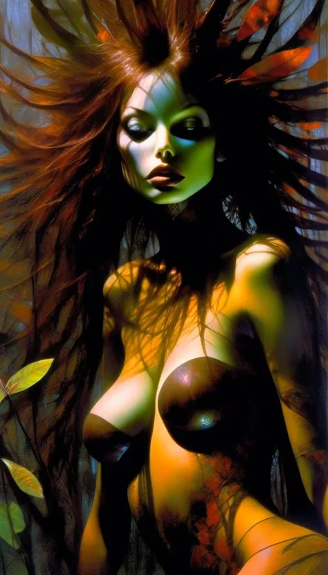 woman covered in plants, covered in plants and leaves, fused with nature, semi-covered body with plants, plant bra , very long brown hair, medium breasts, perfect ass, moves through the dirty and dark waters of a swamp with sinister vegetation, very sexy a...