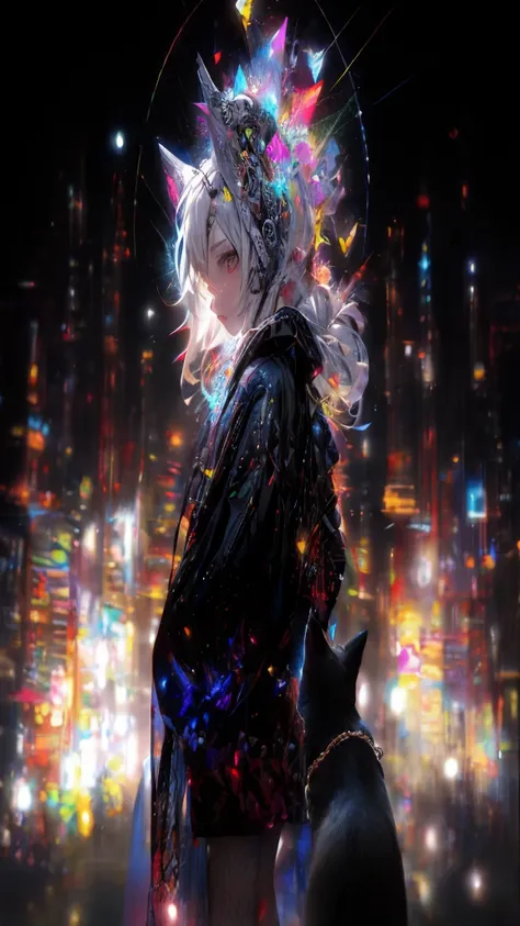 Onegirl、Super masterpiece、Insanely detailed infographic drawings、neons 、Glitter cat ears、Blonde Girl Cyberpunk Vast Photography Breaktree Production Art、Fractal Art 、Lots of black and silver、Intricate purple details、Volumetric lighting、BREAK Realism(​maste...