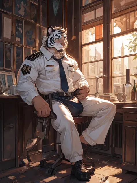 {{bara extremely handsome white tiger,}} {{white fur,}} white, wearing military like purple trench coat, purple trousers, white dress shirt and necktie, white fluffy furry body and limbs, loafers, very tall, very broad shoulders, narrow waist, muscular arm...