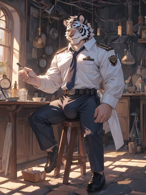 {{bara extremely handsome white tiger,}} {{white fur,}} white, wearing military like purple trench coat, purple trousers, white dress shirt and necktie, white fluffy furry body and limbs, loafers, very tall, very broad shoulders, narrow waist, muscular arm...