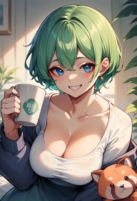 Blue-green hair　girl　Blue Eyes　Short Hair　Red panda stuffed toy　Second Dimension　anime　An illustration　vtuber　Beautiful breasts　C cup long sleeves cleavage　Double teeth　smile　