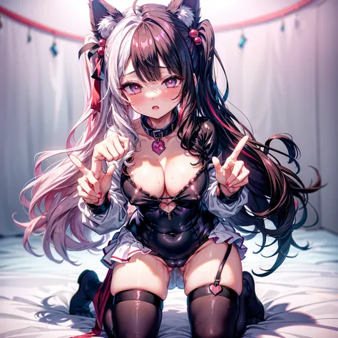 ((Highest quality)), ((masterpiece)), (detailed), (nsfw),  a very cute girl dressed in some sort of catsuit kneeling with her hands on her knees, 1girl, breasts, paw pose, thighhighs, swimsuit, multicolored hair, squatting, covered nipples, 比基尼, heart-shap...