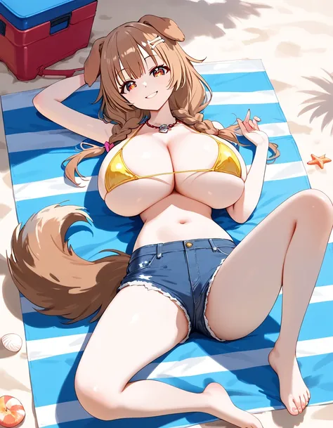 (huge breasts:1.2) (masterpiece) (high quality) (best quality) (1girl), (solo), (slim waist:1.3), (looking at viewer), Inugami Korone, vtuber, slight smile, full body portrait, dog ears, by maenchu, jean shorts, yellow tiny bikini bra, detailed eyes, dog t...