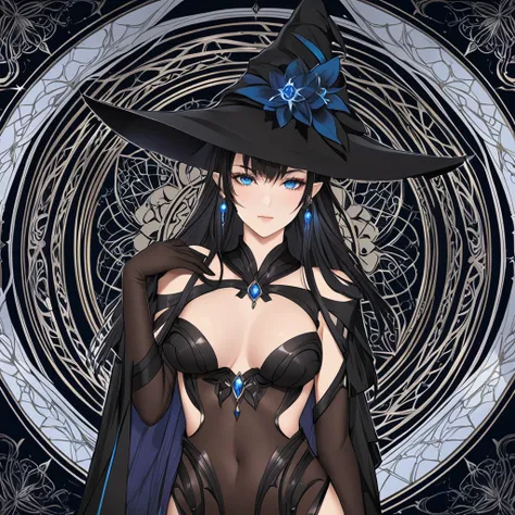 masterpiece, best quality, 1woman adult, female focus, solo, black hair, vibrant blue eyes, long hair, looking at viewer, closed mouth, bangs, Fantasy aesthetics, Highly detailed, shadowverse style, black attire, sorceress
