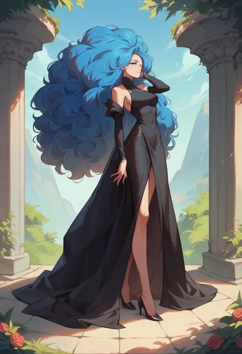 ((best qualityer)), ((work of art)), (detailded), face perfect, tall and slim brunette wearing black dress and high heels outside , blue colored eyes , very blue eyes , long  hair , big hair 