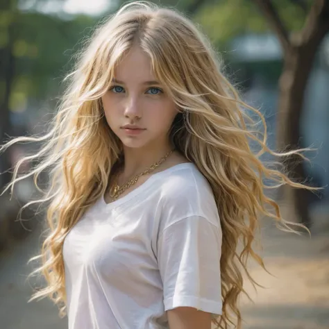 1girl in, age16, solo, long wavy hair, , long messy windy blonde hair, looking at camera, o-face, blonde hair, jewelry, full bod...