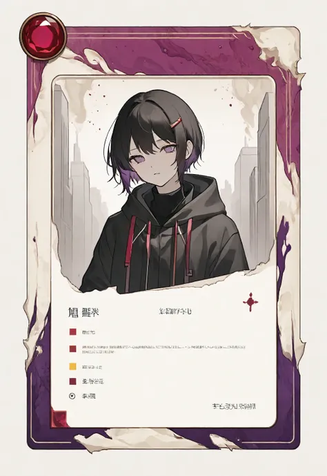 A card border UI，Modern urban minimalist style，Suspense style，Profile Style。Leave a square blank space in the middle，No characters。There is a ruby under the card border.。Parchment backing，There are blood stains on it。Black and White、yellowish、Purple main c...